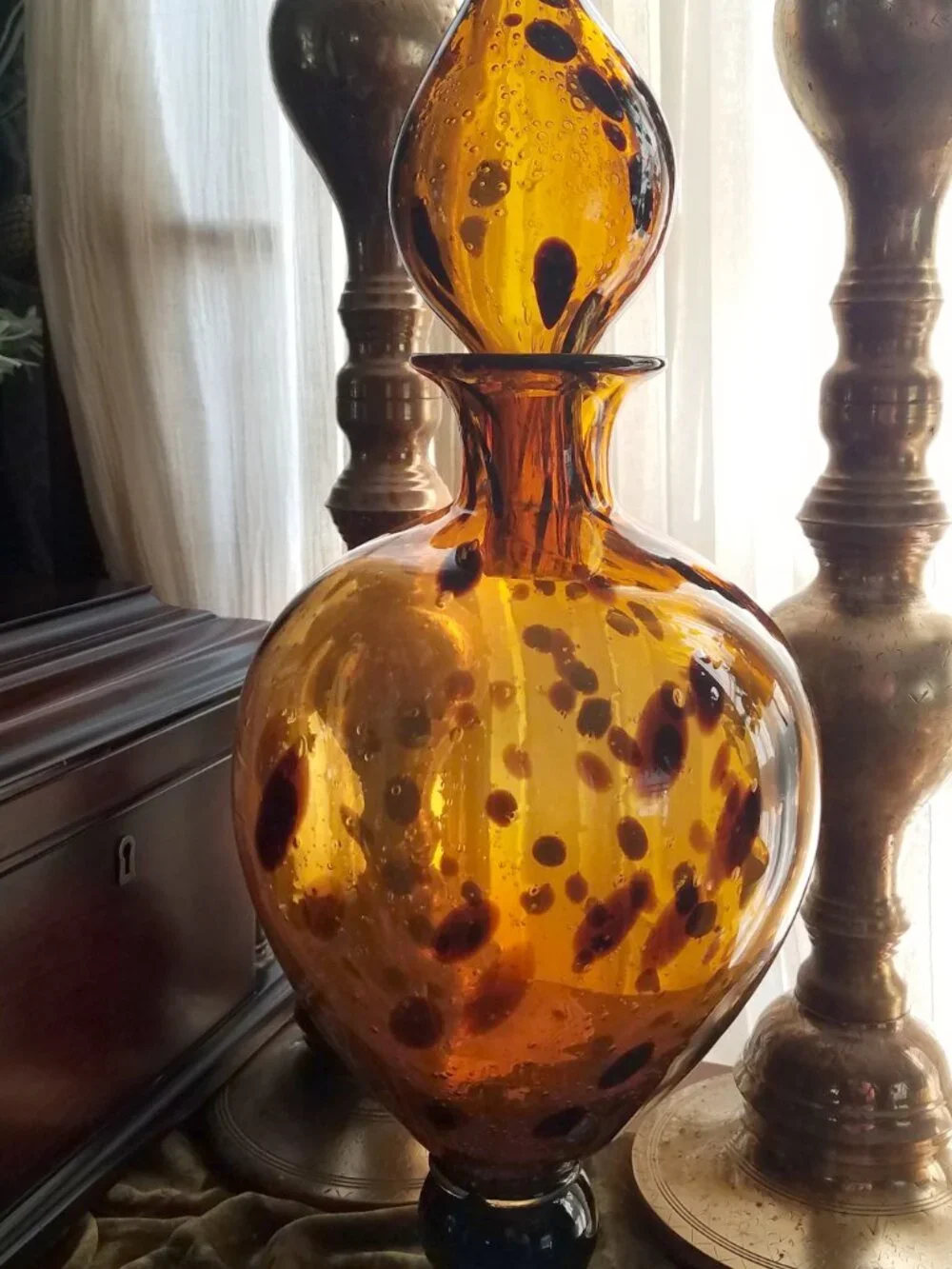 Large Murano Glass Amber Black Oil Spot Decanter Italy Genie Bottle Vase MCM 21